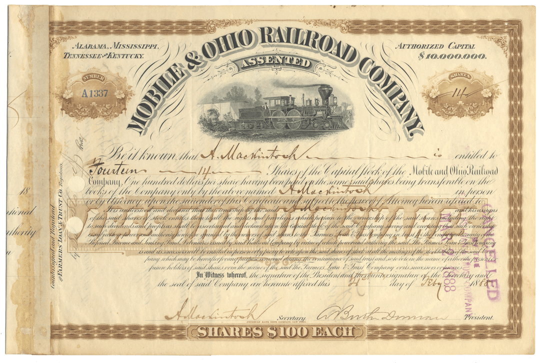 Mobile & Ohio Railroad Company Stock Certificate