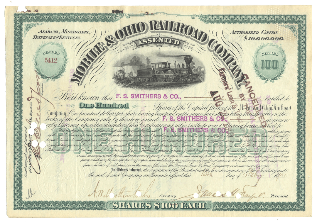 Mobile & Ohio Railroad Company Stock Certificate