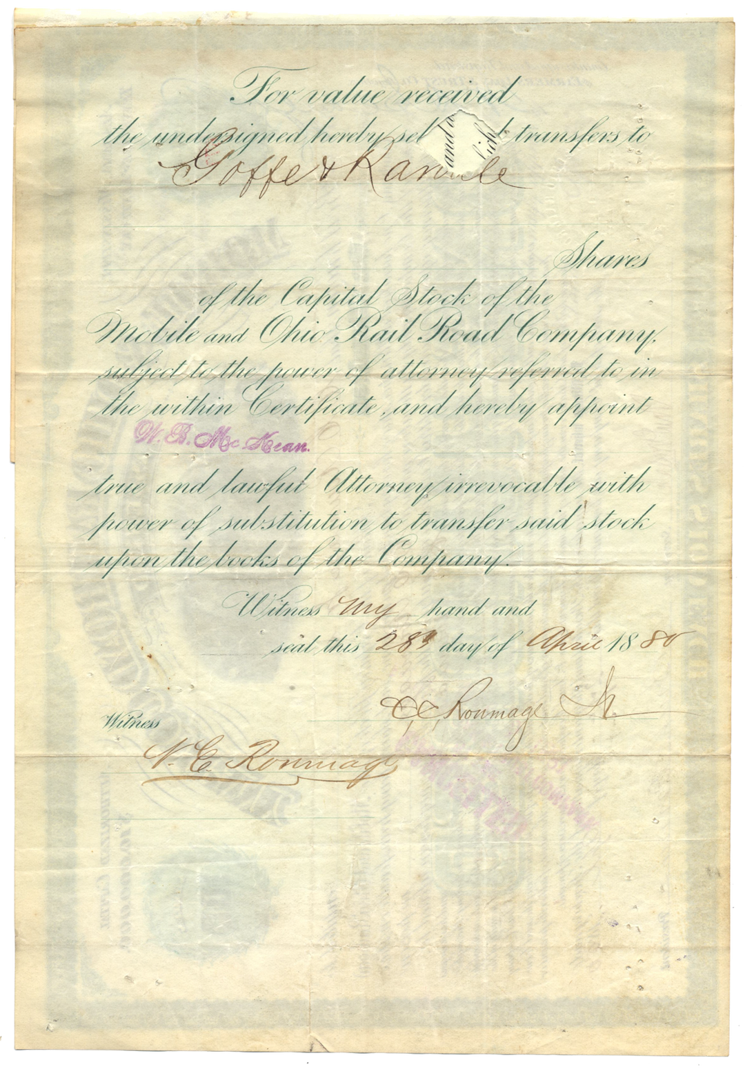 Mobile & Ohio Railroad Company Stock Certificate