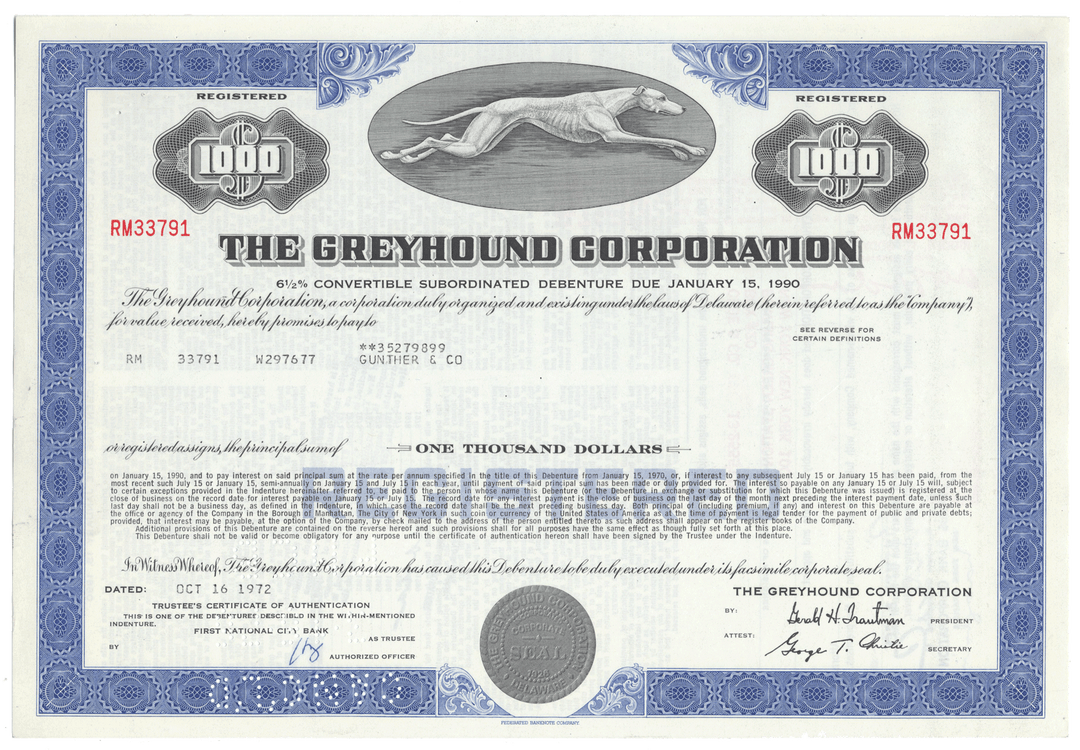 Bond certificate of The Greyhound Corporation with a running dog logo.
