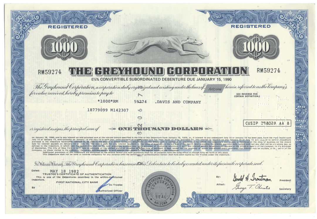 Greyhound Corporation Bond Certificate
