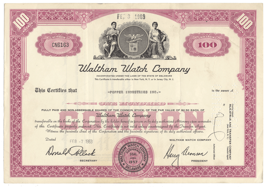 Waltham Watch Company stock certificate from 1963