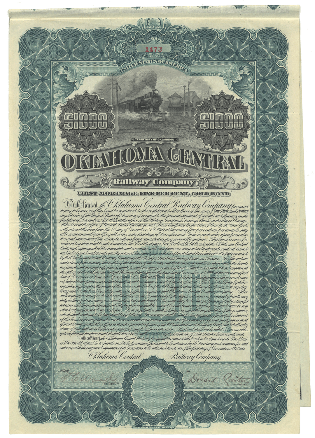 Vintage bond certificate for the Oklahoma Centra; Railway Company from 1905