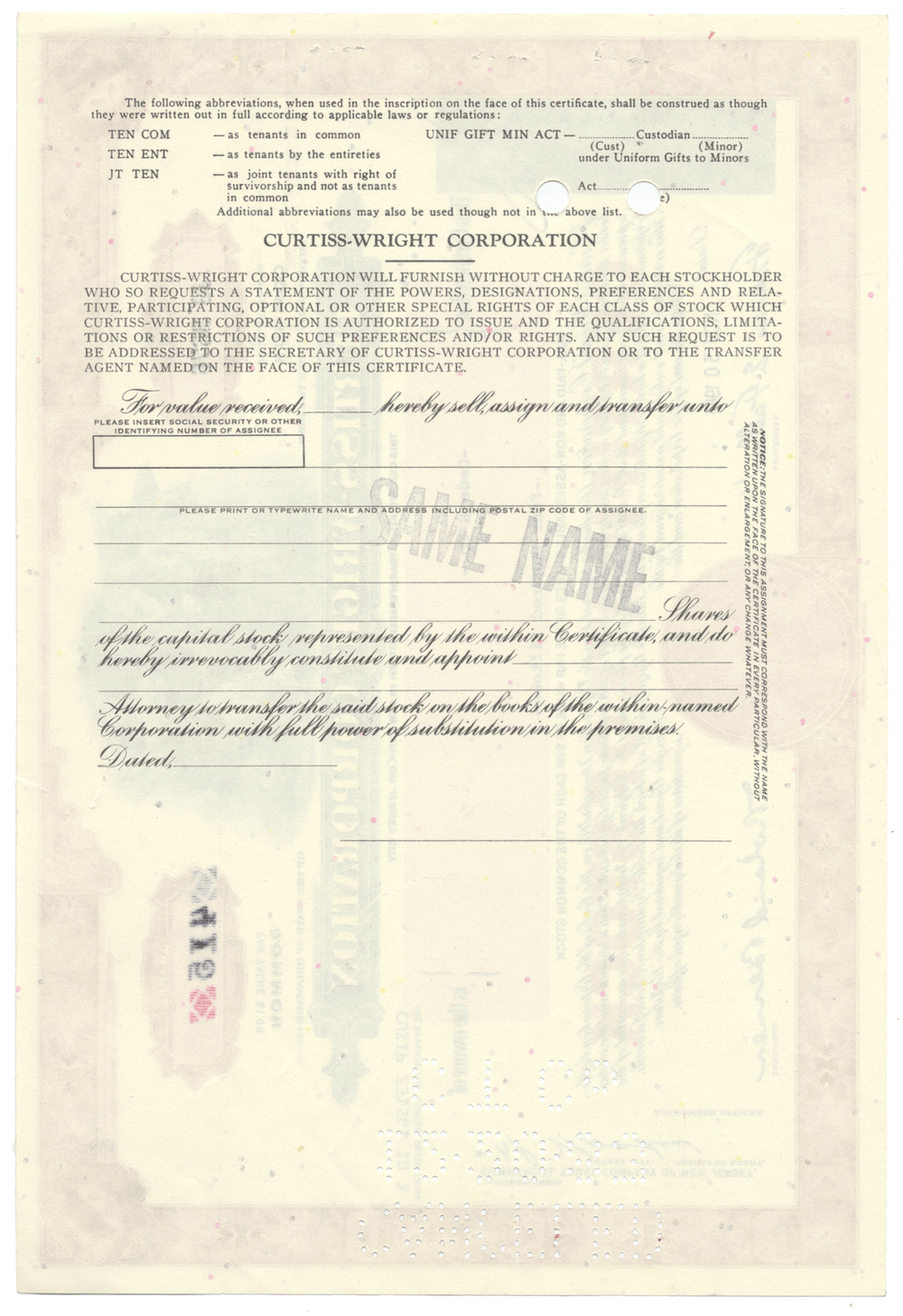 Curtiss-Wright Corporation Stock Certificate