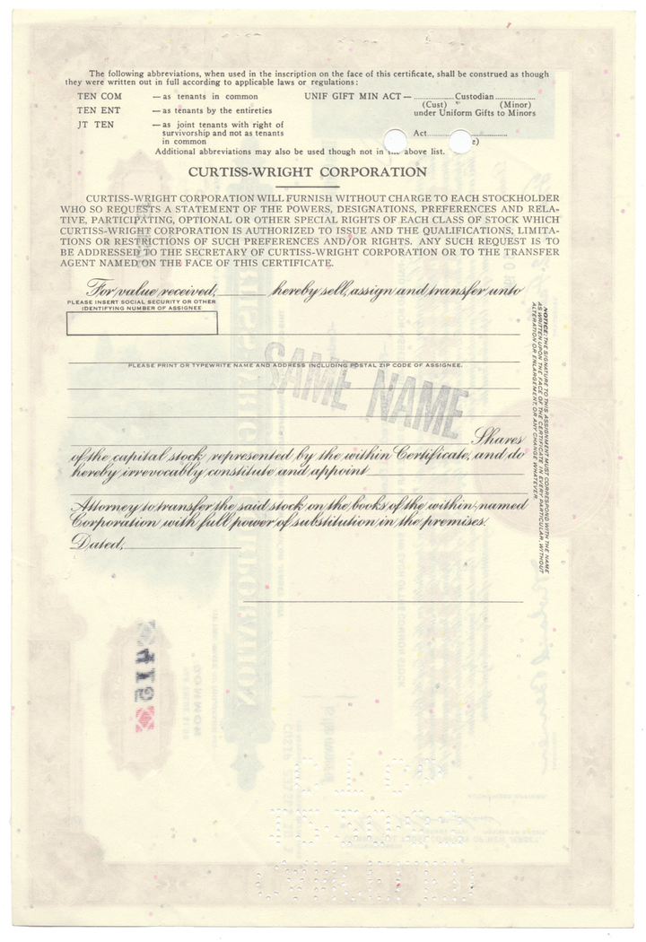 Curtiss-Wright Corporation Stock Certificate