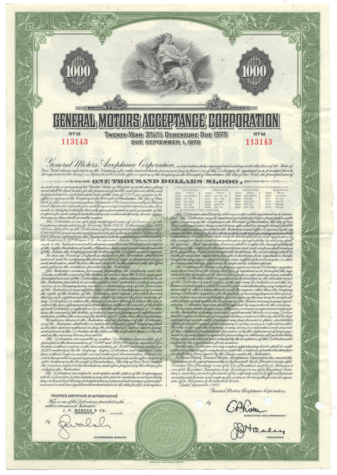 Vintage bond certificate from General Motors Acceptance Corporation