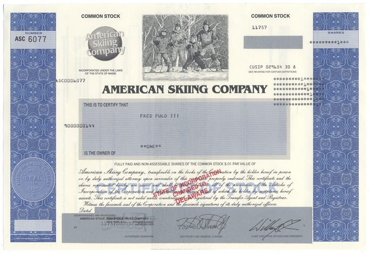 American Skiing Company Stock Certificate