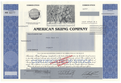 American Skiing Company Stock Certificate