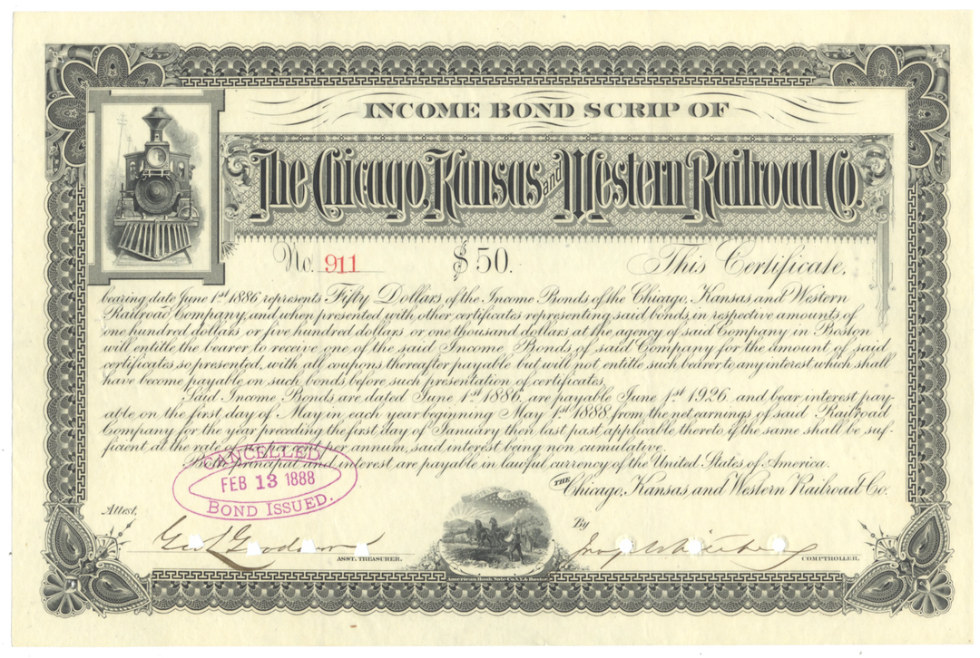 Chicago, Kansas and Western Railroad Company Stock Certificate