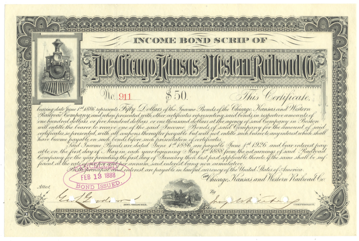 Chicago, Kansas and Western Railroad Company Stock Certificate