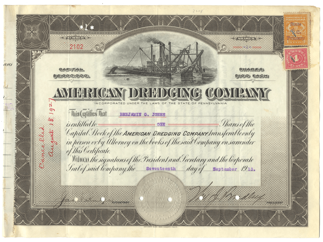 Vintage stock certificate of the American Dredging Company with a ship illustration.