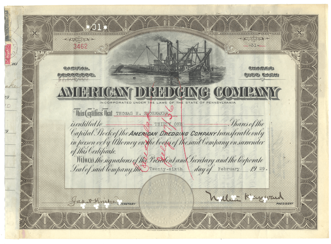 American Dredging Company Stock Certificate from 1929