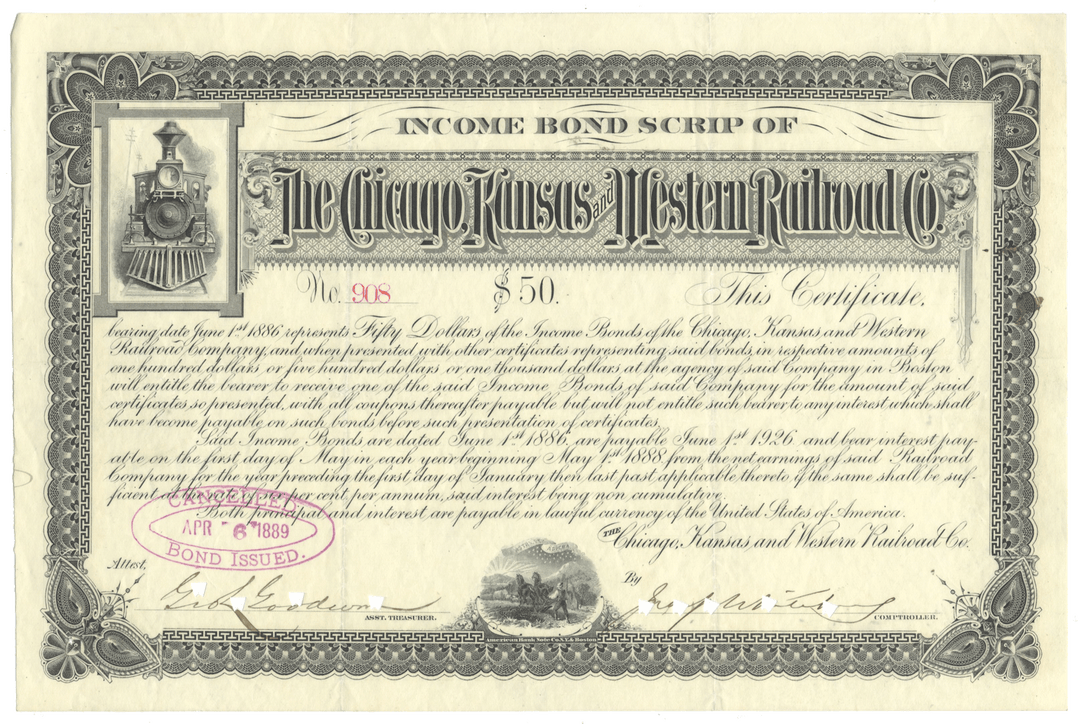 Income bond scrip of the Chicago, Kansas & Western Railroad Co. from 1886