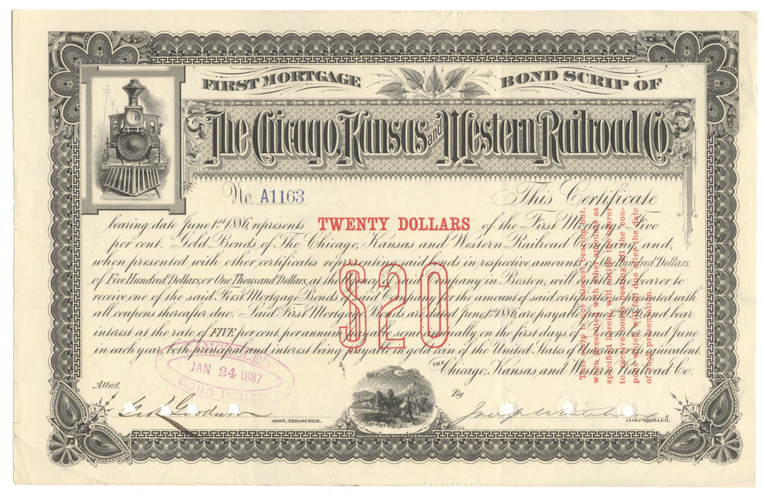 Historical bond certificate of the Chicago, Kansas & Western Railroad Co. with decorative elements and text.