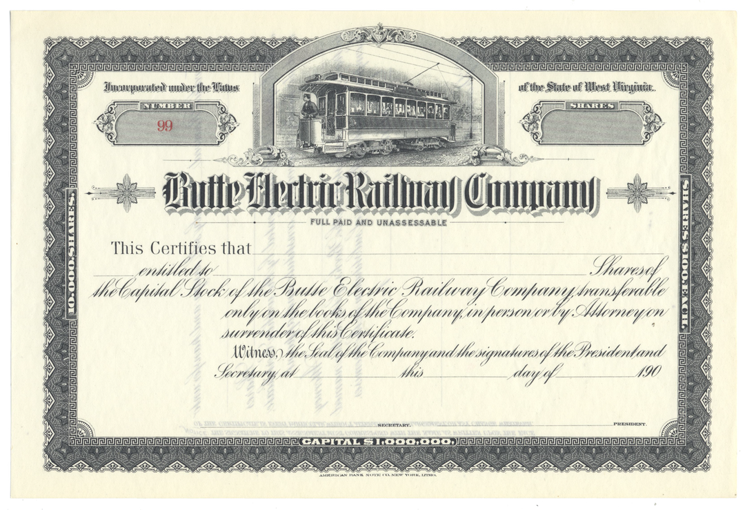 Butte Electric Railway Company Stock Certificate