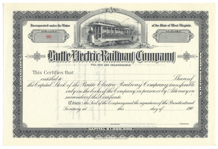 Butte Electric Railway Company Stock Certificate