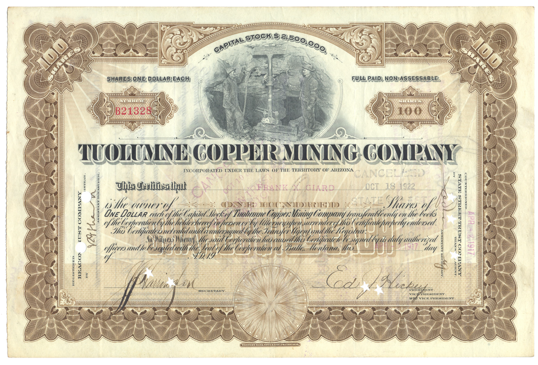 Tuolumne Copper Mining Company Stock Certificate