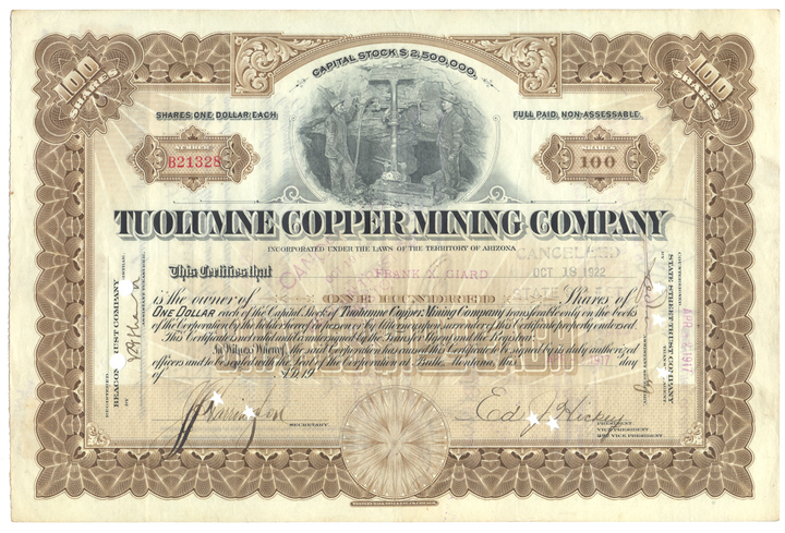 Tuolumne Copper Mining Company Stock Certificate