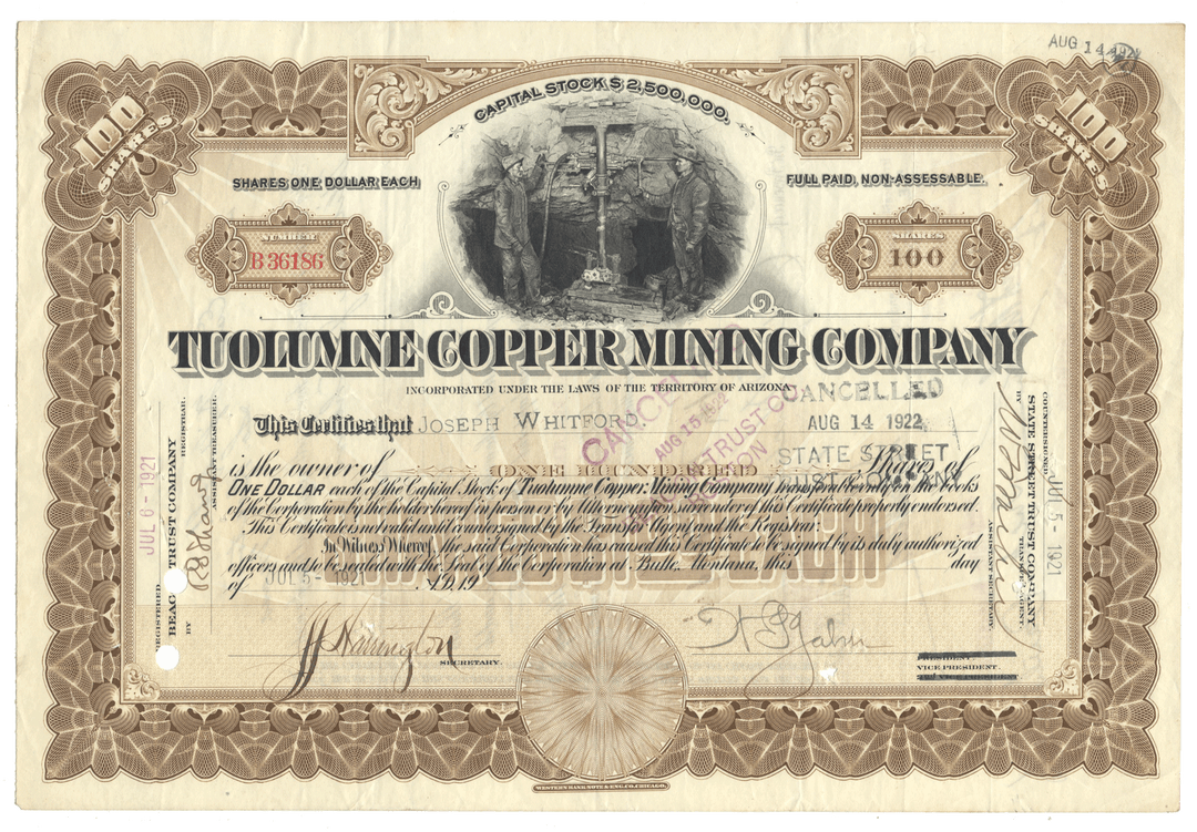 Tuolumne Copper Mining Company Stock Certificate
