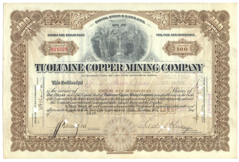 Tuolumne Copper Mining Company Stock Certificate