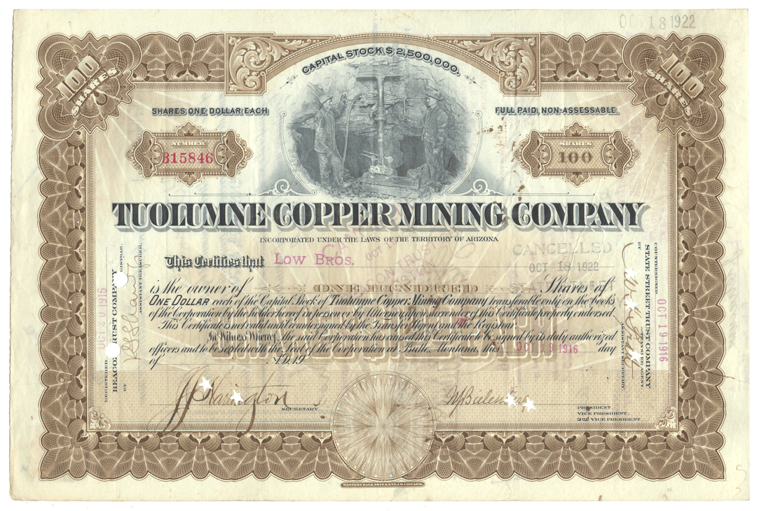 Tuolumne Copper Mining Company stock certificate with ornate design