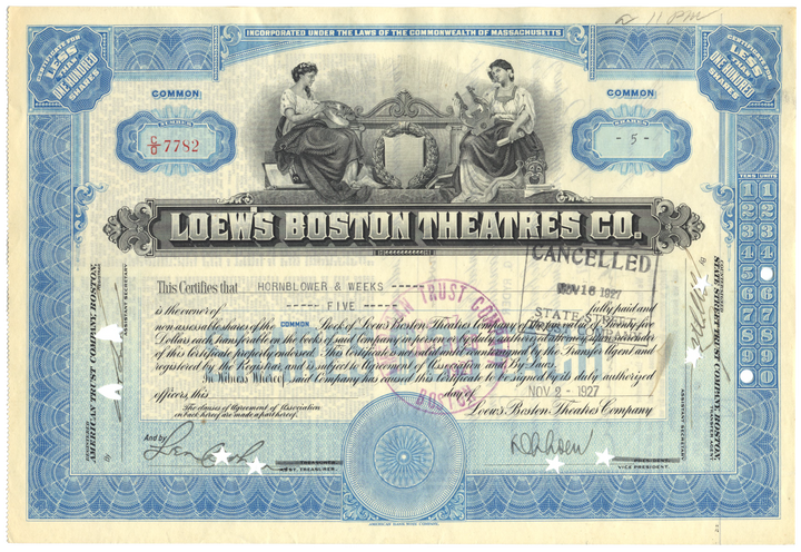 Loew's Boston Theatres, Inc. Stock Certificate