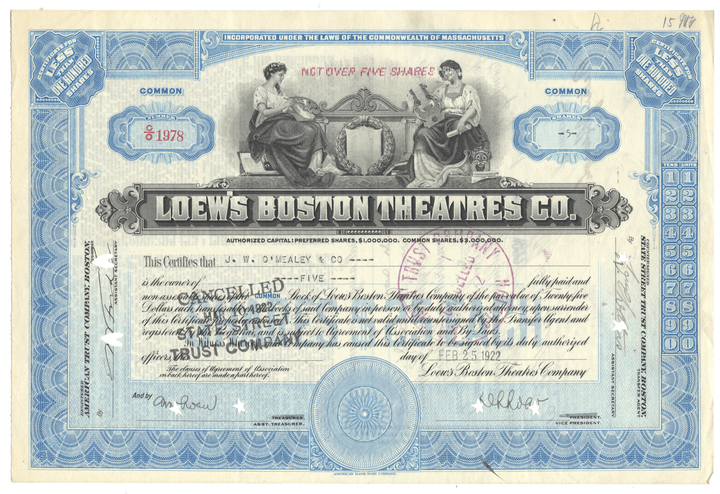 Vintage stock certificate for Loews Boston Theatres Co. from 1922