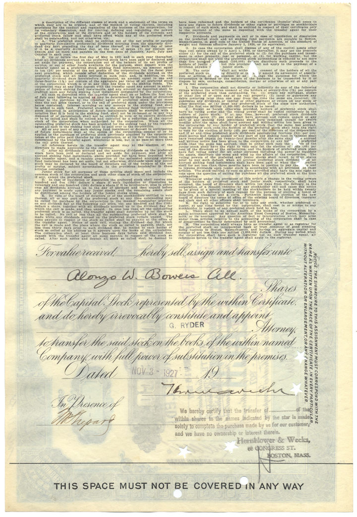 Loew's Boston Theatres, Inc. Stock Certificate