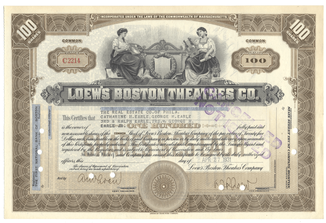 Vintage stock certificate for Loew's Boston Theatres Co. from 1931