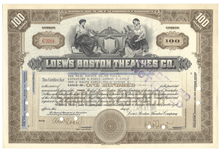 Vintage stock certificate for Loew's Boston Theatres Co. from 1931