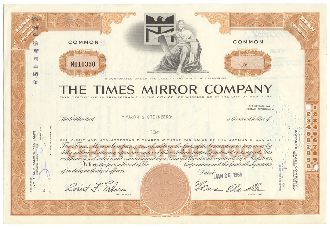 Times Mirror Company Stock Certificate