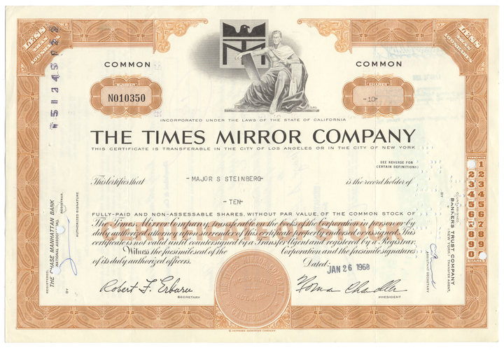 Times Mirror Company Stock Certificate