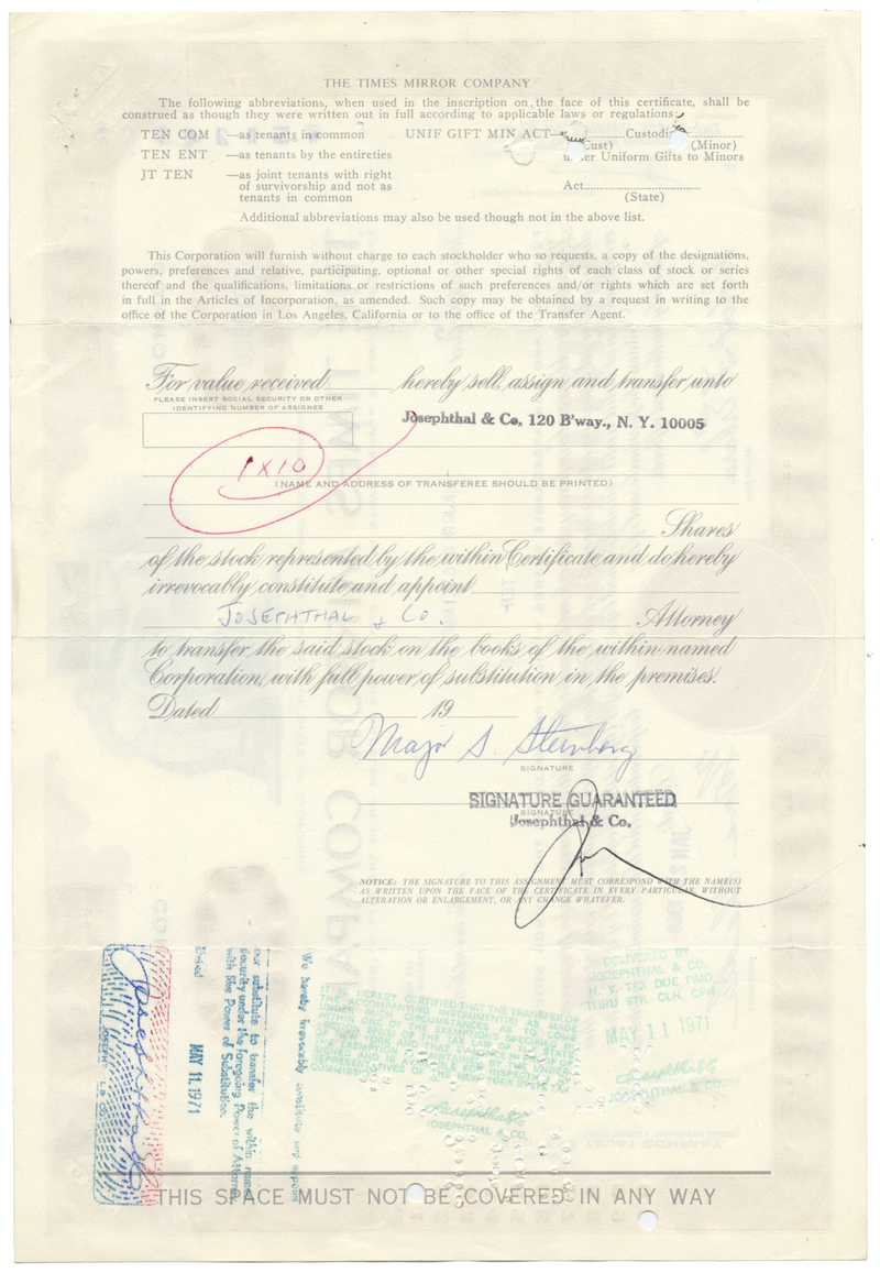 Times Mirror Company Stock Certificate