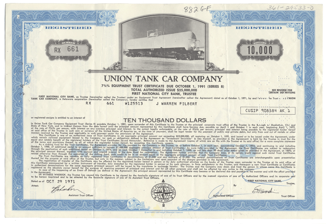 Union Tank Car Company bond certificate with train illustration
