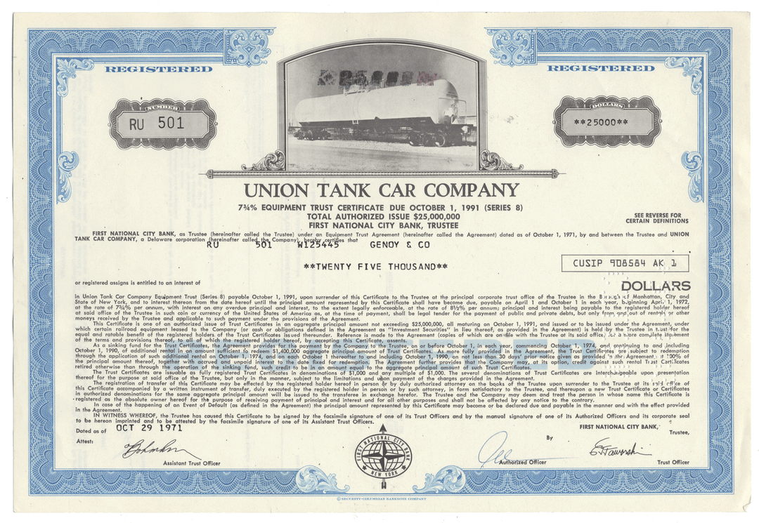 Union Tank Car Company bond certificate with blue border and text