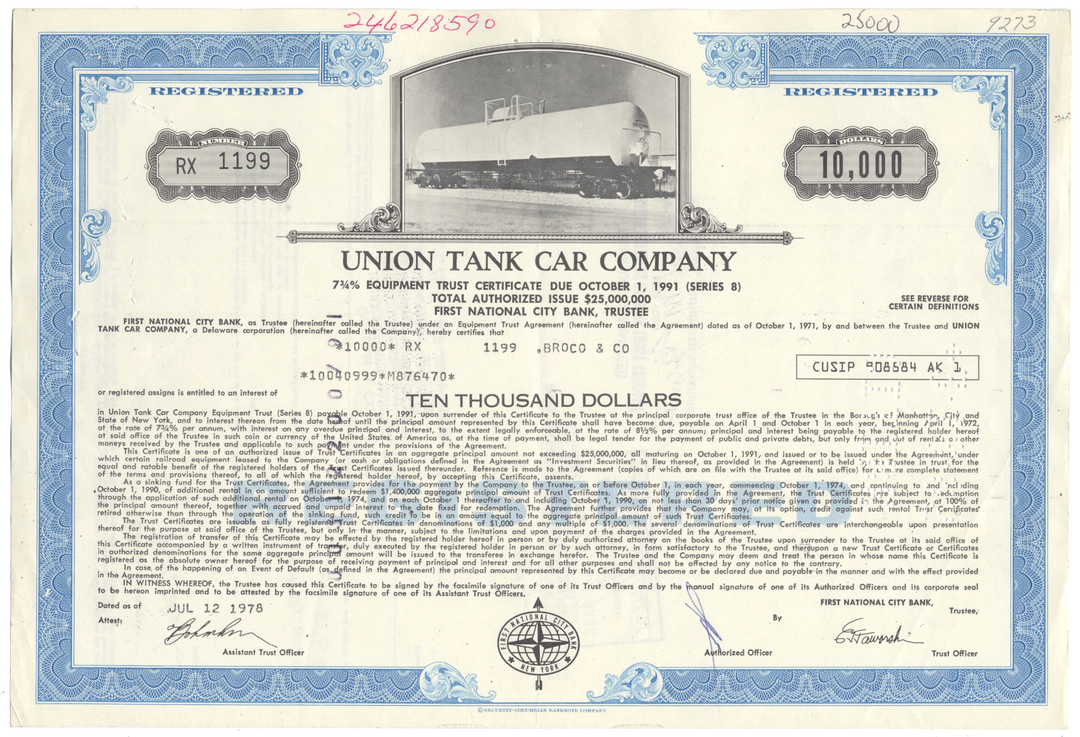 Union Tank Car Company Bond Certificate