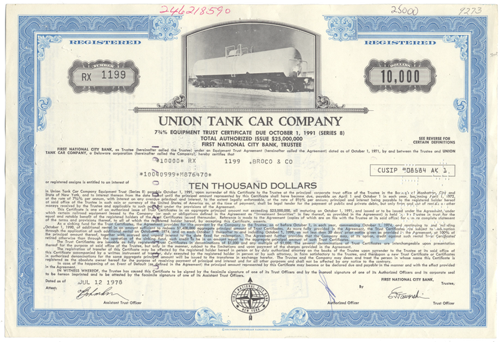 Union Tank Car Company Bond Certificate