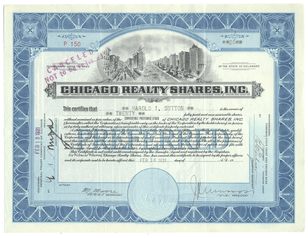 Vintage stock certificate from Chicago Realty Shares, Inc. from 1931