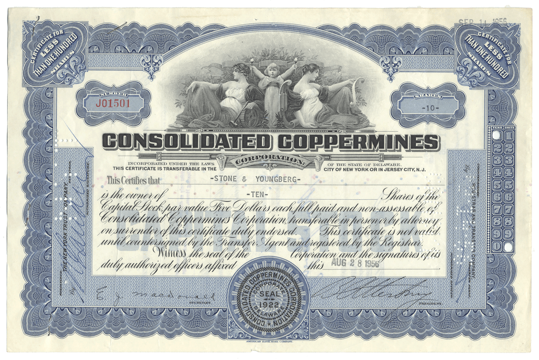 Vintage stock certificate from the Consolidated Coppermines Corporation with decorative elements and text.