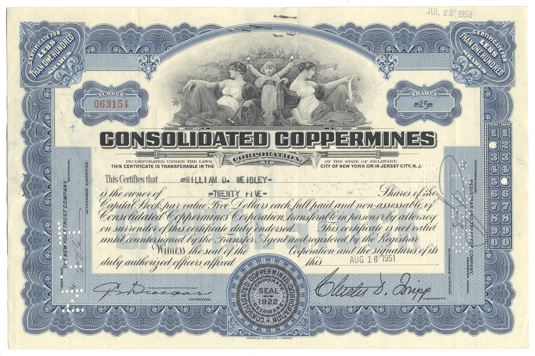 Vintage stock certificate for Consolidated Coppermines with decorative elements and text.
