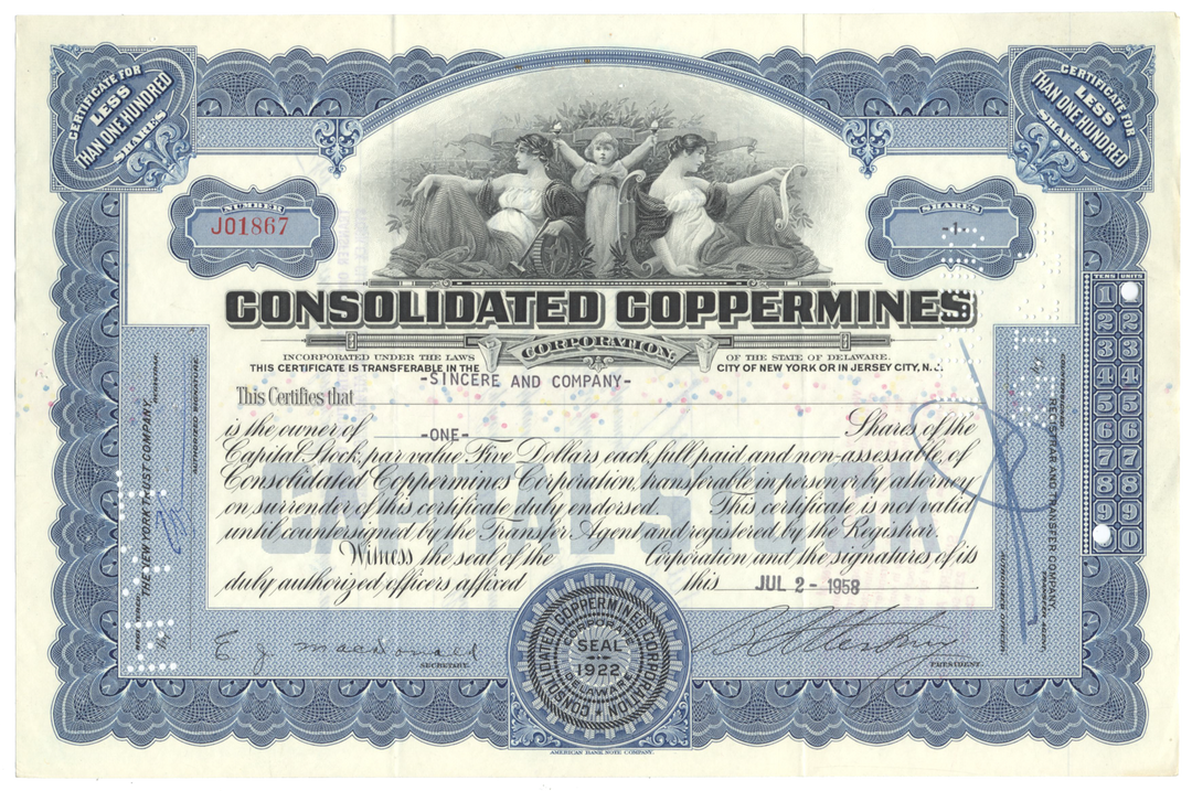 Consolidated Coppermines Corporation Stock Certificate