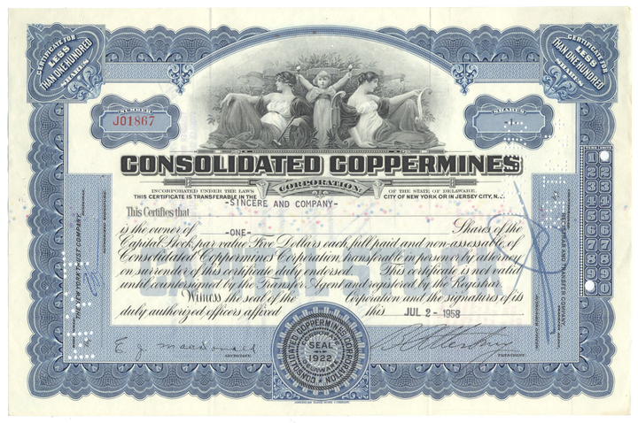 Consolidated Coppermines Corporation Stock Certificate