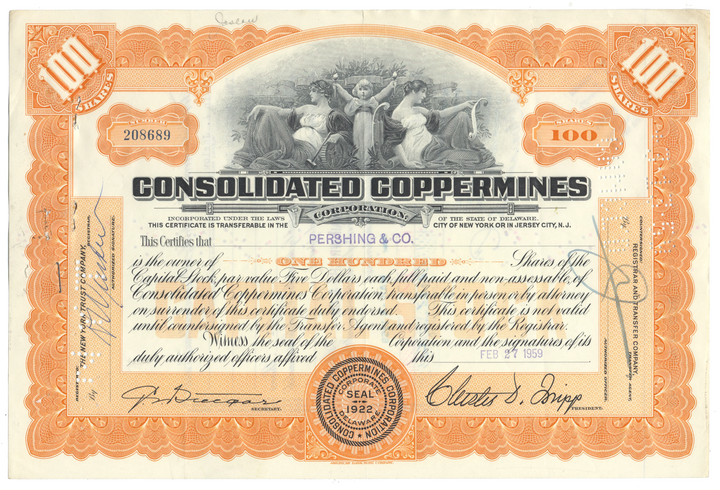 Consolidated Coppermines Corporation Stock Certificate