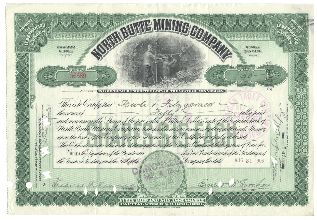 Vintage stock certificate for North Butte Mining Company with green and white color scheme.