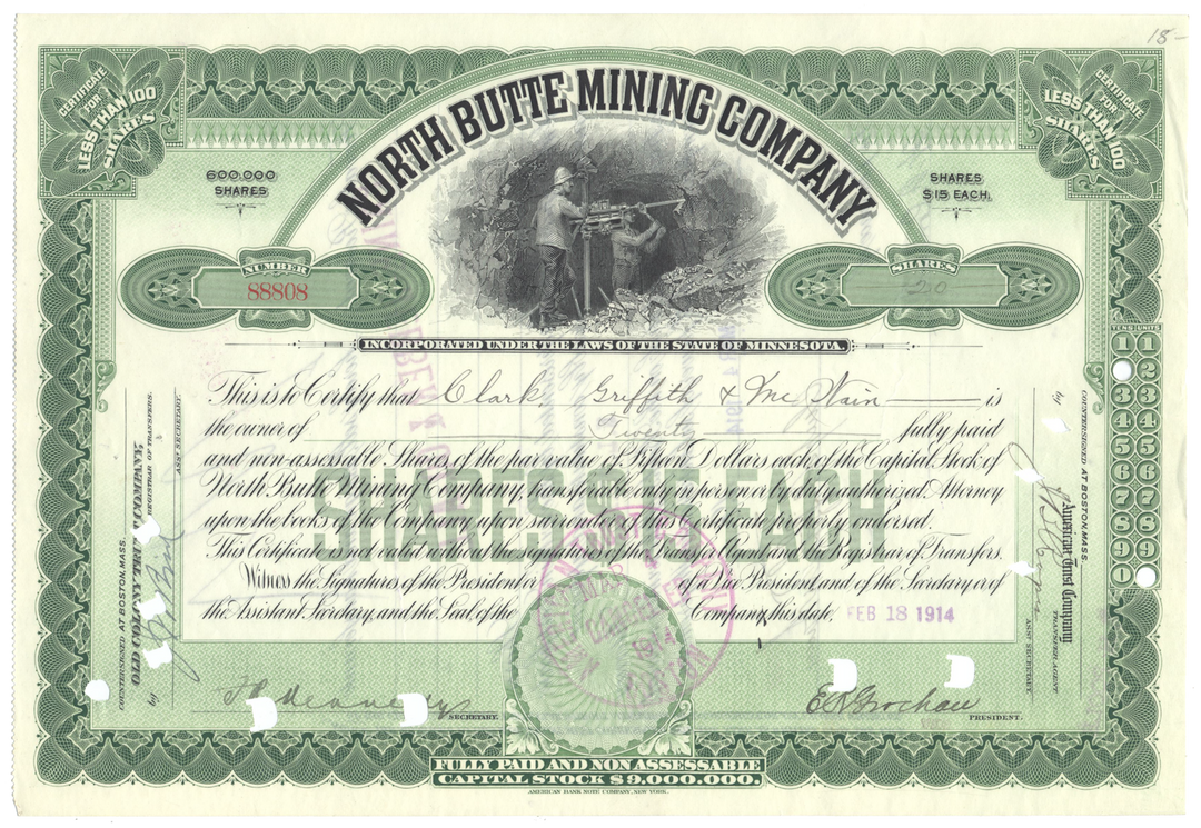 North Butte Mining Company Stock Certificate