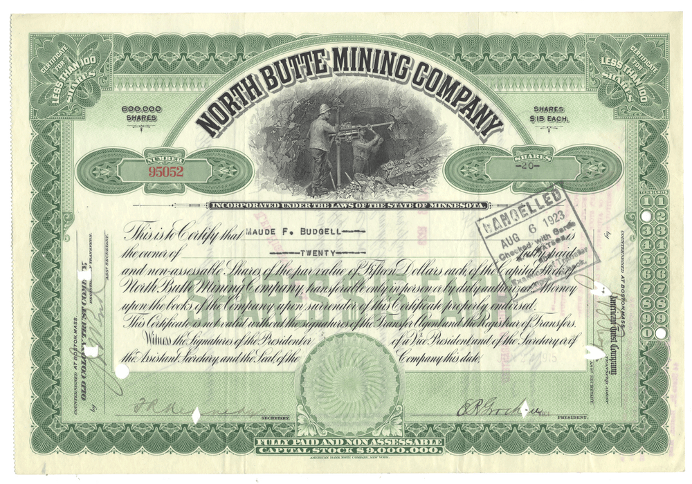 North Butte Mining Company stock certificate with green border and text