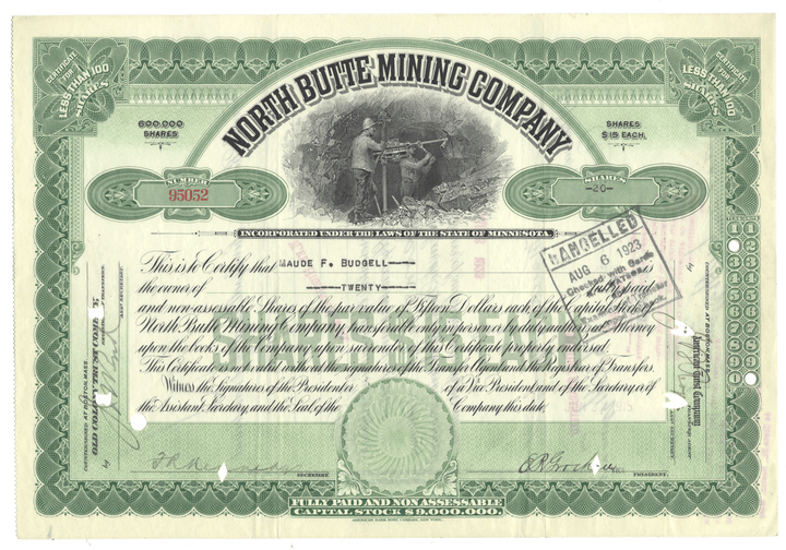 North Butte Mining Company stock certificate with green border and text