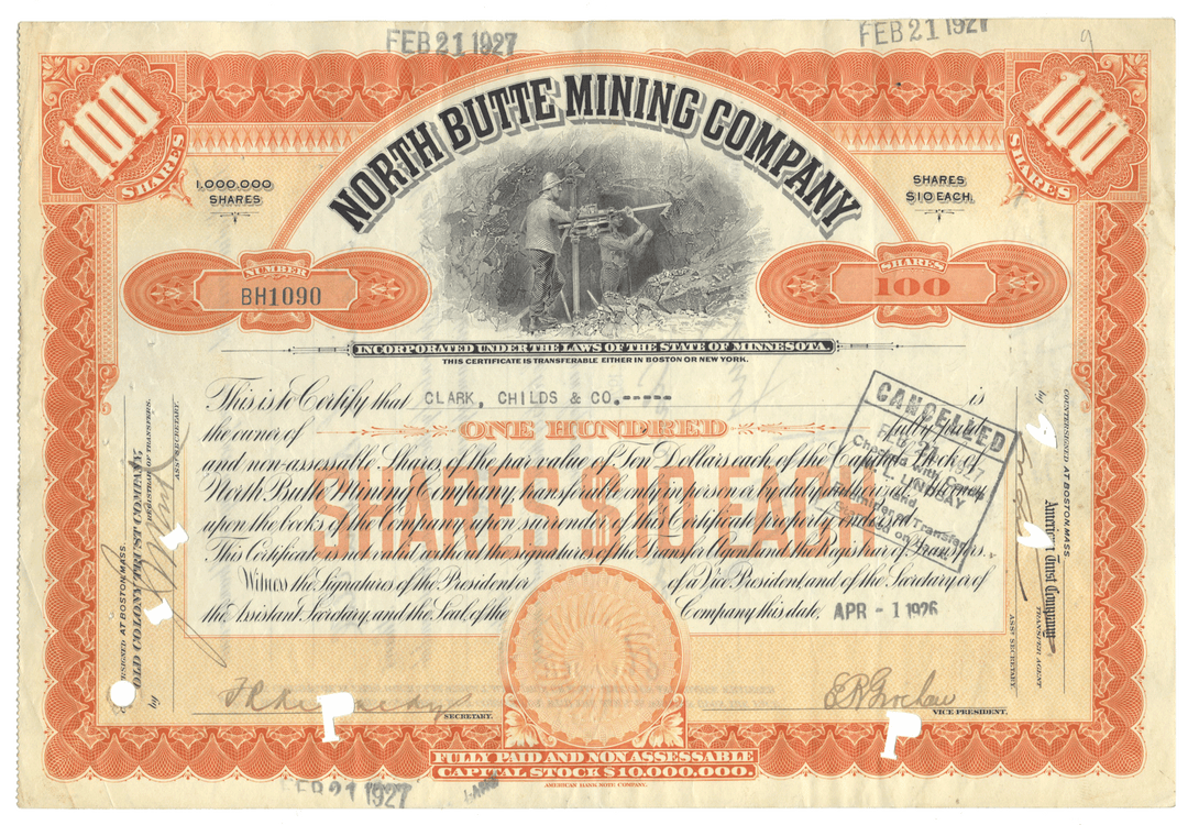 North Butte Mining Company stock certificate from 1926