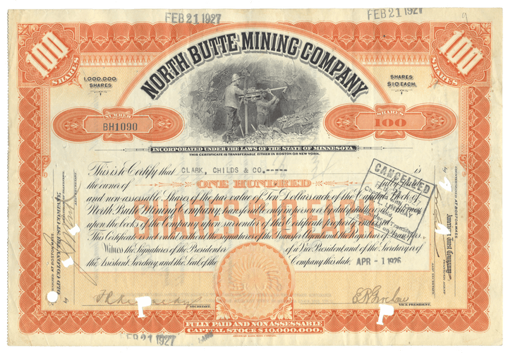 North Butte Mining Company stock certificate from 1926