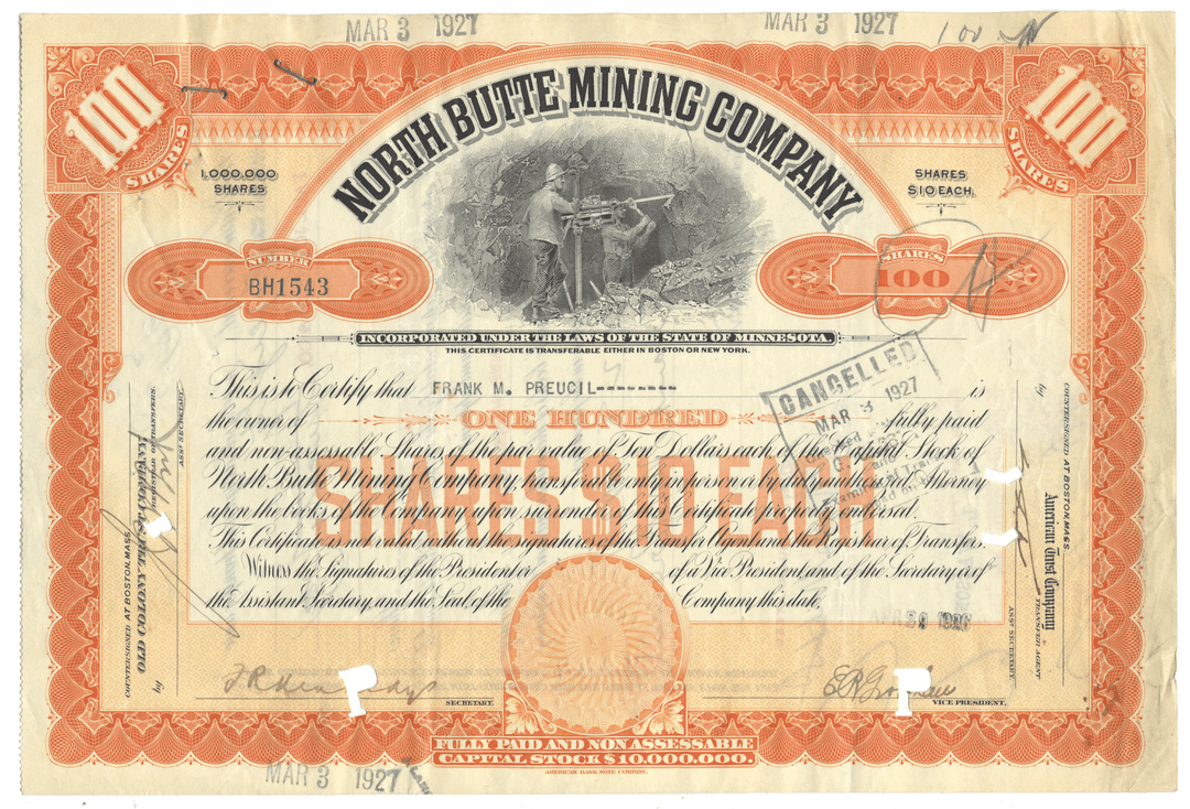 North Butte Mining Company stock certificate from 1926 with a person at a mining site illustration.